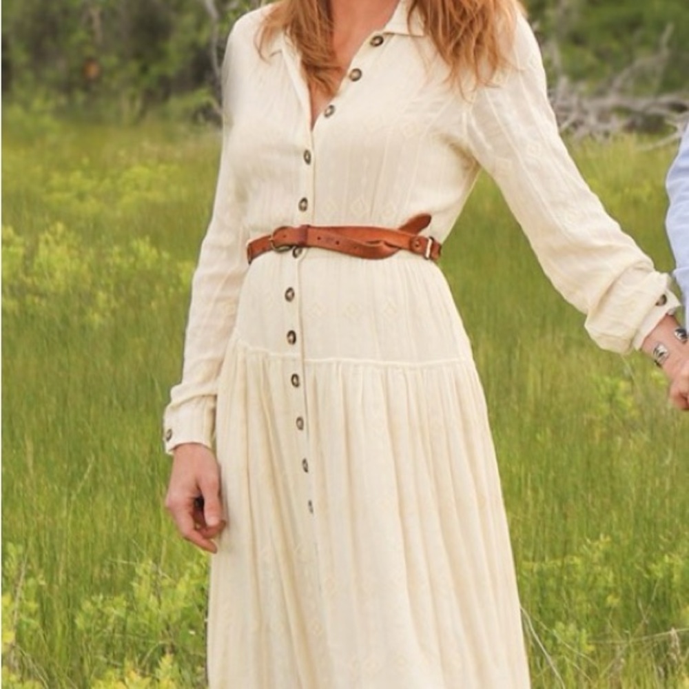 Free People Cream Button-Down Sleeve Maxi Dress - Small